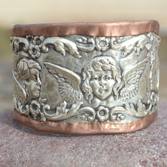Antique Obsessions Jewelry - Cherub Angel Copper Cuff Bracelet Sterling Silver